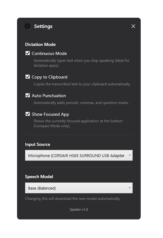 Spoken Settings Window
